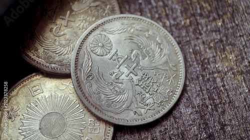 Antique Japanese Showa Era 50 Sen Coin Collection Macro Video