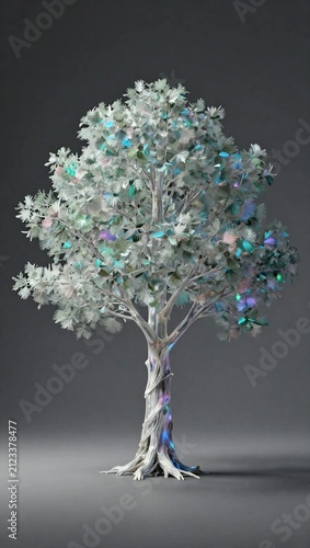 3D Rendered Magical Tree with Iridescent Crystal Leaves on Dark Background