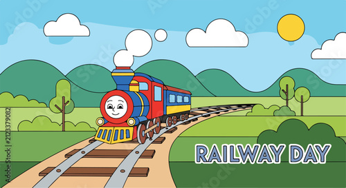 Fotografía Colorful cartoon train on tracks.