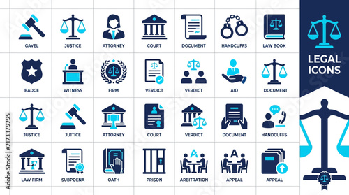Legal icons grid provides a comprehensive collection of justice related symbols such as gavels scales of justice attorneys courthouses handcuffs and official legal documents for judicial professional.
