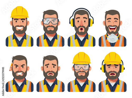 Construction worker avatar set with different facial expressions