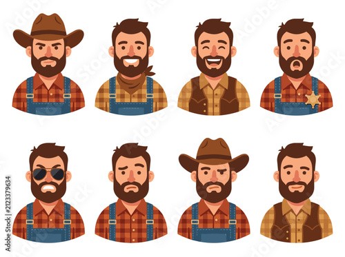 Farmer and cowboy character avatars with multiple expressions