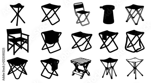Set of portable camping chair silhouettes and line art icons featuring various folding seat designs for outdoor furniture branding and recreational gear design assets for catalogs and websites