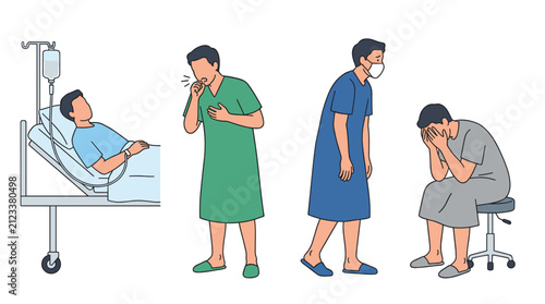 Series of illustrations depicting illness and recovery, including a patient in a hospital bed, a person coughing, another feeling unwell, and someone