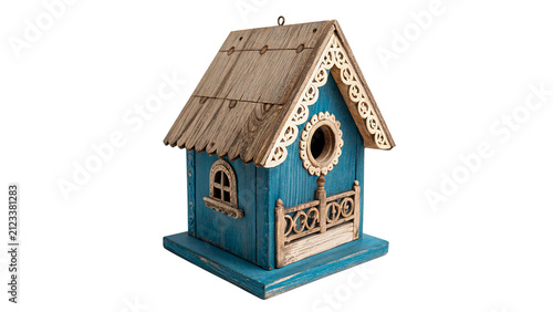 Obraz na plátne Colorful cute small wooden birdhouse garden decoration home craft isolated on tr