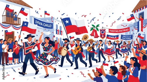 Chilean National Day Celebration Fiesta Patria with People Dancing and Music in Traditional Attire and Chilean Flags Flying High Amidst Confetti and Festivities