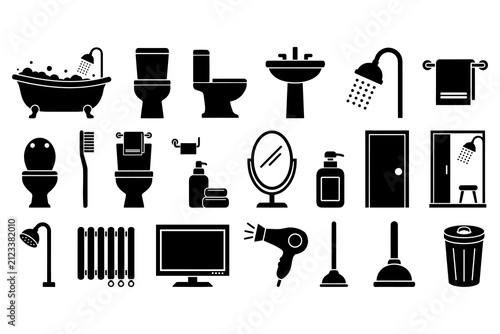 Bathroom and Home Appliance Icon Set Vector. Toilet, Bathtub, Sink, Shower, Mirror, Hair Dryer, Mop, Trash Bin and Household Cleaning Equipment Symbols