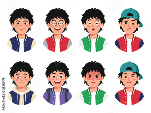 Student boy character avatar illustration and people portrait set