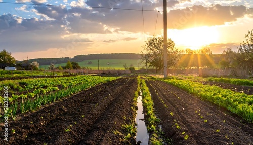 A serene agricultural landscape at sunrise with lush crops and a waterlogged pathway