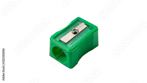 Obraz na płótnie Green plastic manual pencil sharpener stationery tool isolated on transparent ba