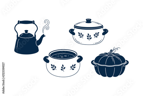 фотографія Hand-drawn vector set of cozy kitchenware including kettle, soup pots, and a pumpkin-shaped tureen