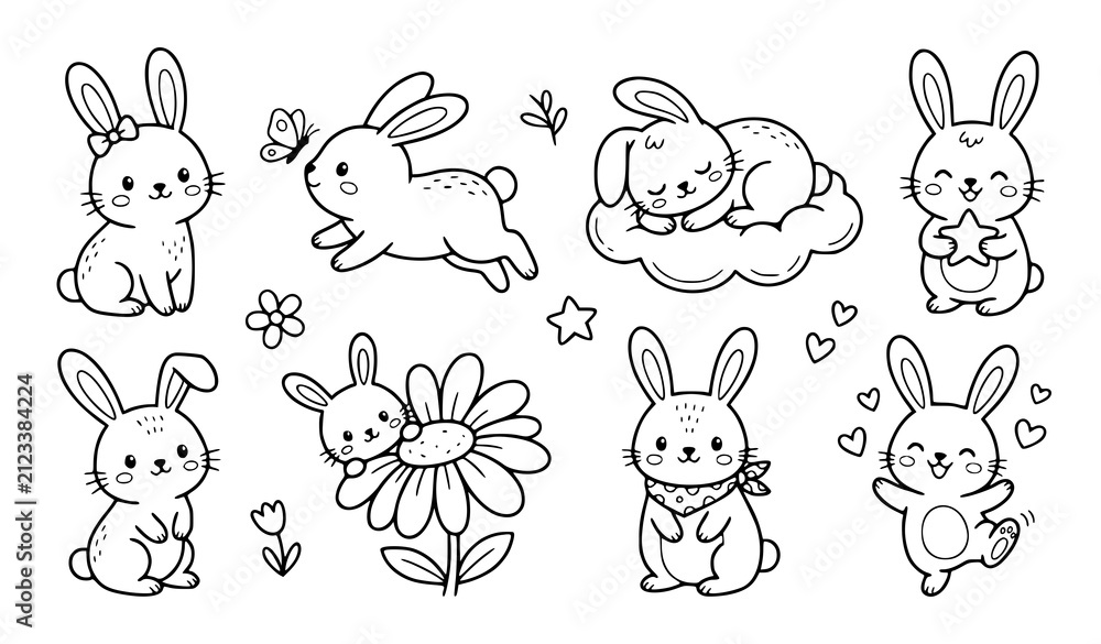 Obraz premium Cute Bunny Cartoon Character Collection with Funny Poses Flowers Hearts and Playful Rabbit Illustrations