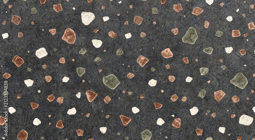 Dark Terrazzo Stone Texture Background with Colorful Aggregate Pattern