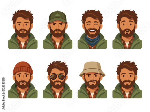 Bearded man character avatar collection with various emotions