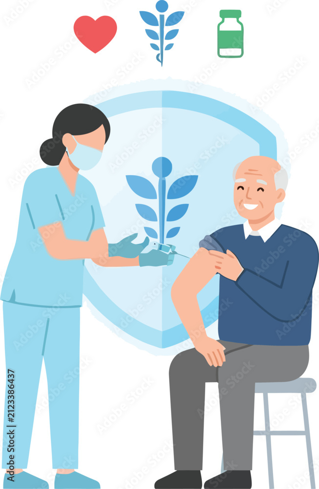 Fototapeta premium Caring Nurse Administering Vaccine to Elderly Man with Medical Icons Overhead, Concept for Healthcare Protection, Senior Wellness and Public Health Campaigns