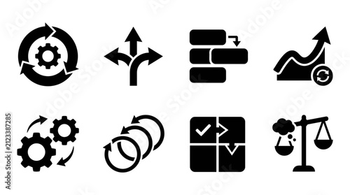 Collection of business icons representing operational growth optimization and strategic management processes