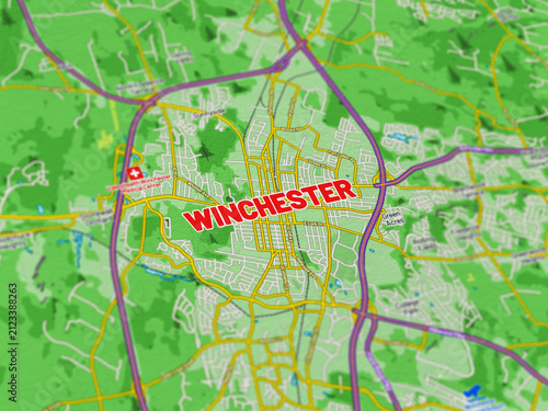 Bild auf Leinwand Macro View of Winchester Virginia Map Showing Detailed Streets, Roads, and Geogr