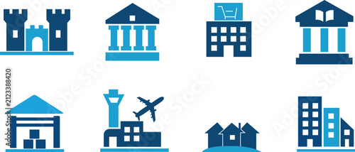 Building Icons Set with Houses, Apartments airport and Real Estate Property Symbols for Architecture, Construction, Residential and Business Vector Design
