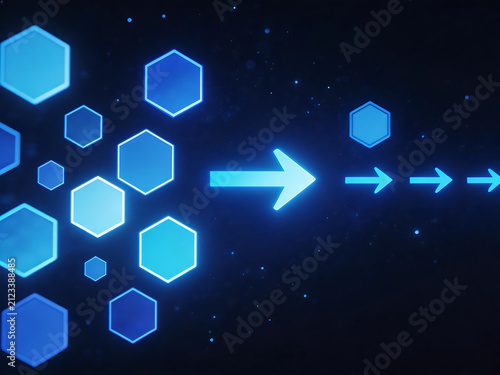 Blue hexagons and arrows on dark background