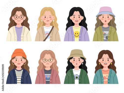 Young woman character avatars with diverse outfits and expressions