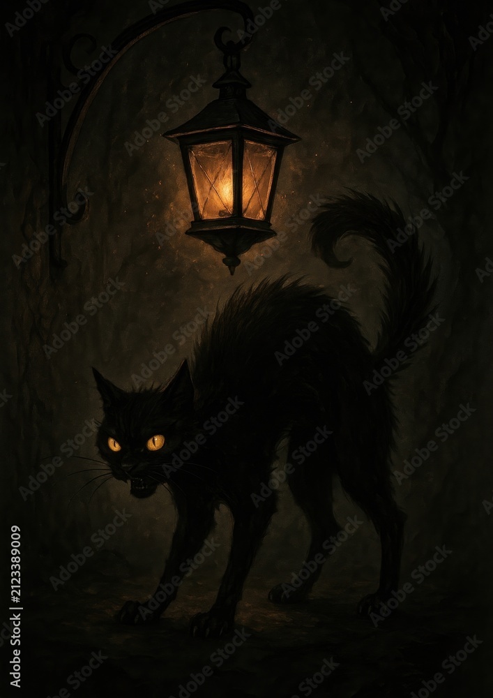 Fototapeta premium Mysterious black cat under lantern.