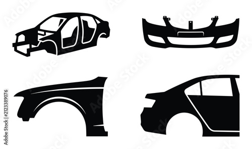 Automotive car body parts icon set for vehicle manufacturing, auto repair guides, and industrial design projects