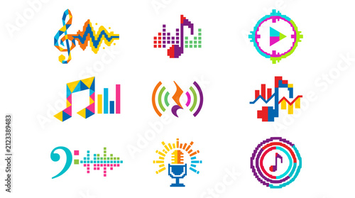 Abstract Music and Audio Visual Icons Set, Flat Geometric Design with Musical Notes, Sound Waves, Equalizers, and Play Button, Colorful Vector Graphics on White Background