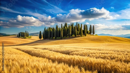 Rolling hills of golden wheat and cypress trees stretch towards a brilliant blue tuscan sky forever