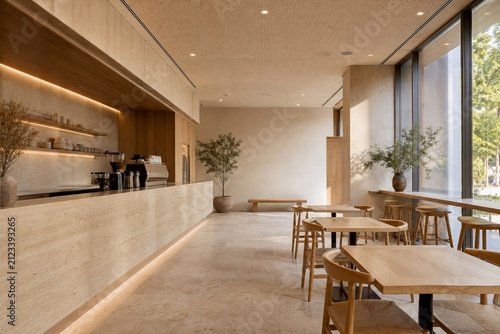 Warm minimal cafe modern commercial interior with copy space