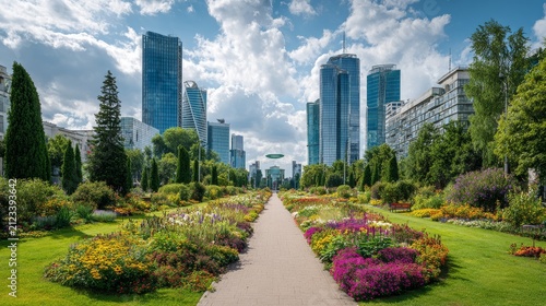 modern city center image with large public garden, contrast between natural landscape and steel-glass buildings, sunny day with clouds