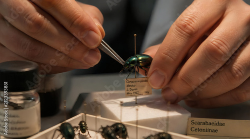Entomologist Mounts Iridescent Beetle Specimen Using Tweezers in a Lab Setting