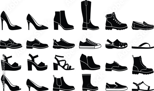 Fashion Footwear Silhouette Icon Set with High Heels, Boots, Sneakers, Loafers, Sandals, Casual Shoes, and Outdoor Footwear Collection