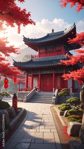 A serene Asian temple surrounded by vibrant red trees and greenery under a blue sky