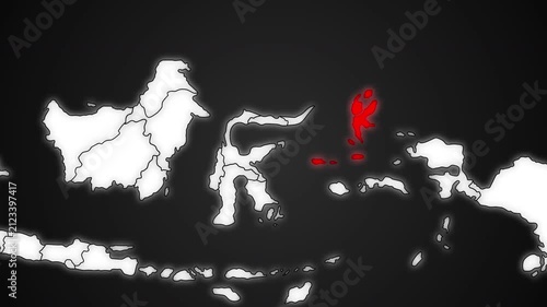North Maluku Province Highlighted in Red on Indonesia Map Dark Background Animation