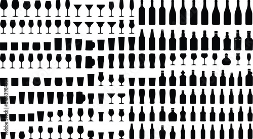 Large collection of varied glass silhouettes for drinks including wine and beer bottles and glasses with silhouette beverage restaurant collection isolated
