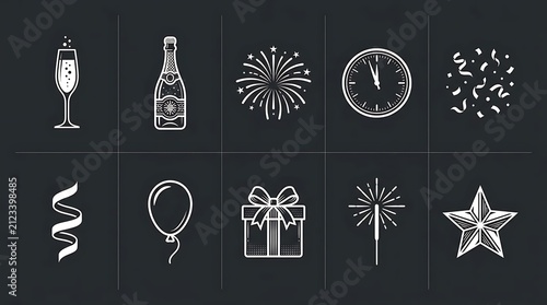 White line icons for celebration and new year events.