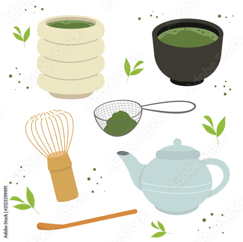 Matcha Tea Ceremony Set Vector Illustration with Traditional Japanese Green Tea Accessories
