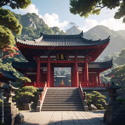 A serene Asian temple with a red and black roof surrounded by mountains