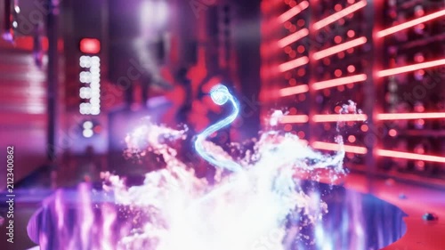 Floating blue particle energy sphere over purple laboratory flames.