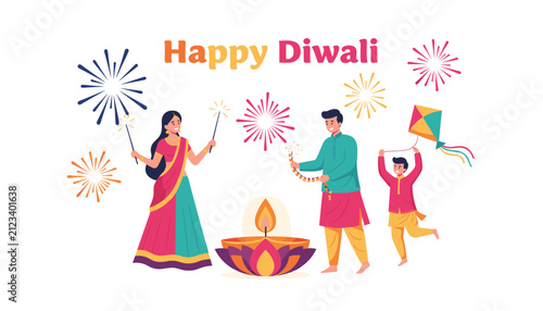 Traditional Indian family celebrating happy diwali with sparkles, festive oil lamp, firecrackers, and a kite.