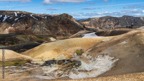 Fotografie Beeindruckende Vulkanlandschaft im Hochland in Island bei Landmannalaugar im Jul