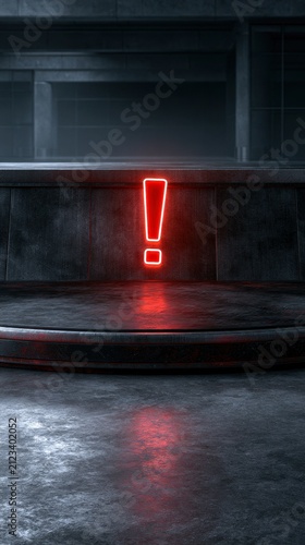 Vibrant Red Neon Exclamation Mark on Dark Textured Industrial Wall