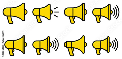 Collection of yellow megaphone icons for communication and announcements with megaphone loudspeaker communication announcement