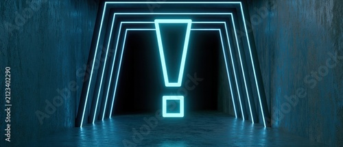 Abstract Neon Blue Exclamation Mark in Futuristic Dark Hallway