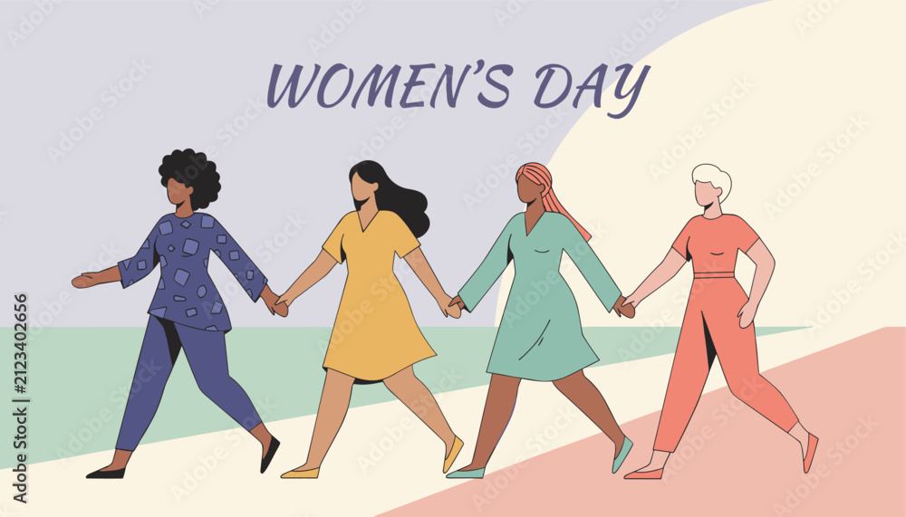 Naklejka premium Four diverse women of different ethnicities holding hands and walking together to celebrate International Women's Day on a colorful path.