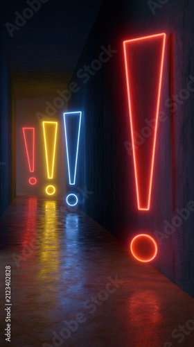 Vibrant neon exclamation marks glowing in a dark, reflective corridor