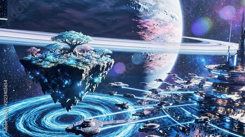 Floating island orbiting ringed planet in space.