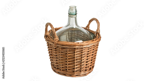 Obraz na plátne Empty wicker basket bottle jar for wine isolated on transparent background cut o