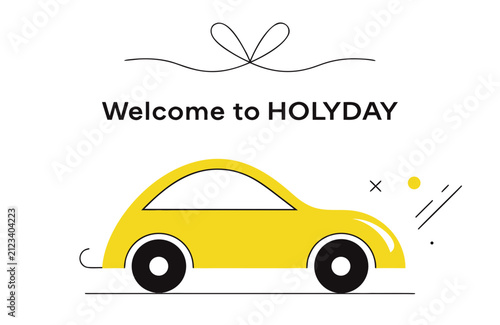 A minimalist vector graphic featuring a bright yellow compact car on a white background. Above the car, bold black text reads 