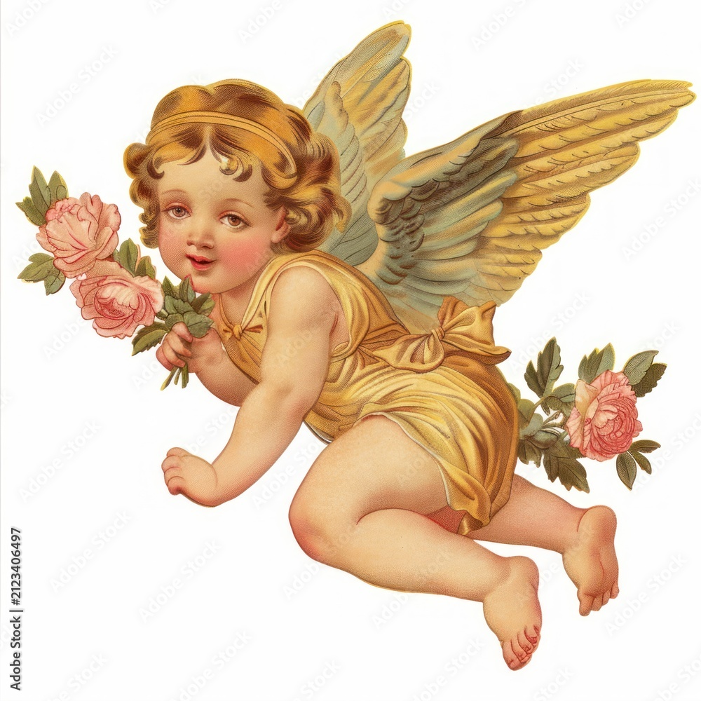 Fototapeta premium Vintage cherub holding pink roses.